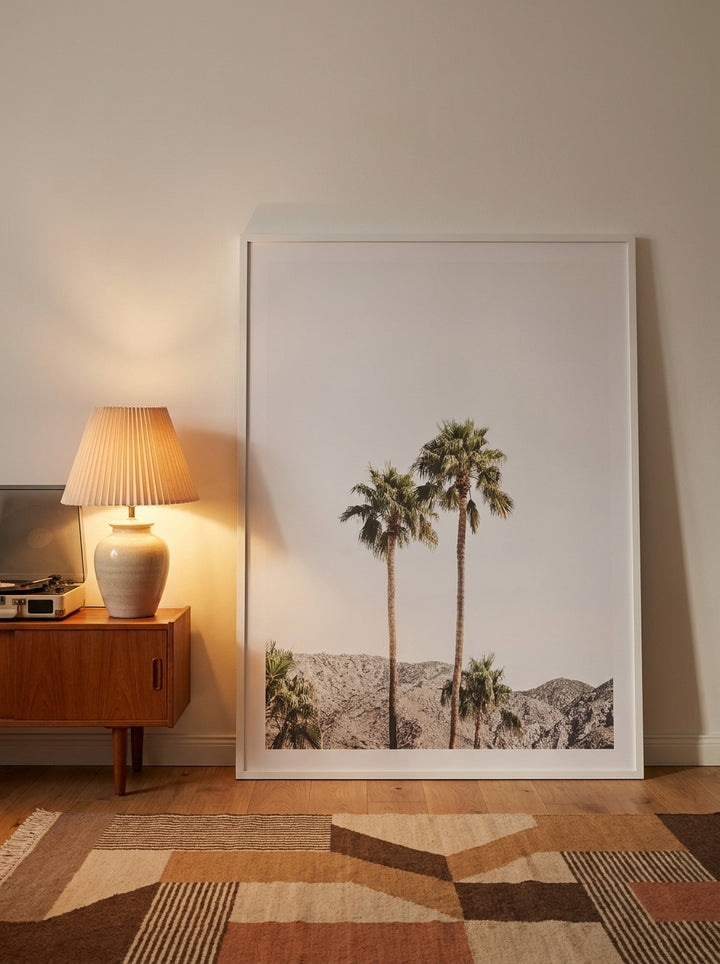 Oversized statement modern wall art print leaning against the wall in a mid-century living room