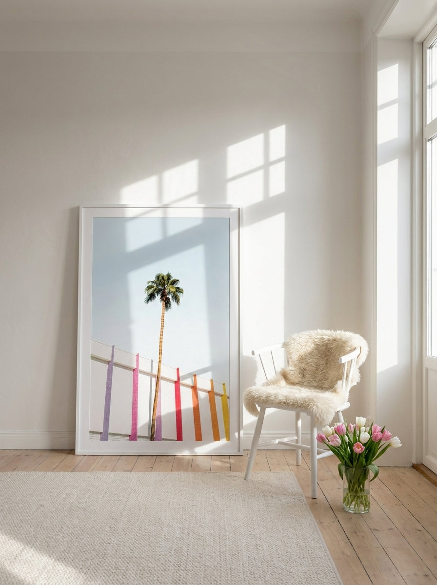 Oversized statement modern wall art print leaning against the wall in a bright Scandinavian dining room