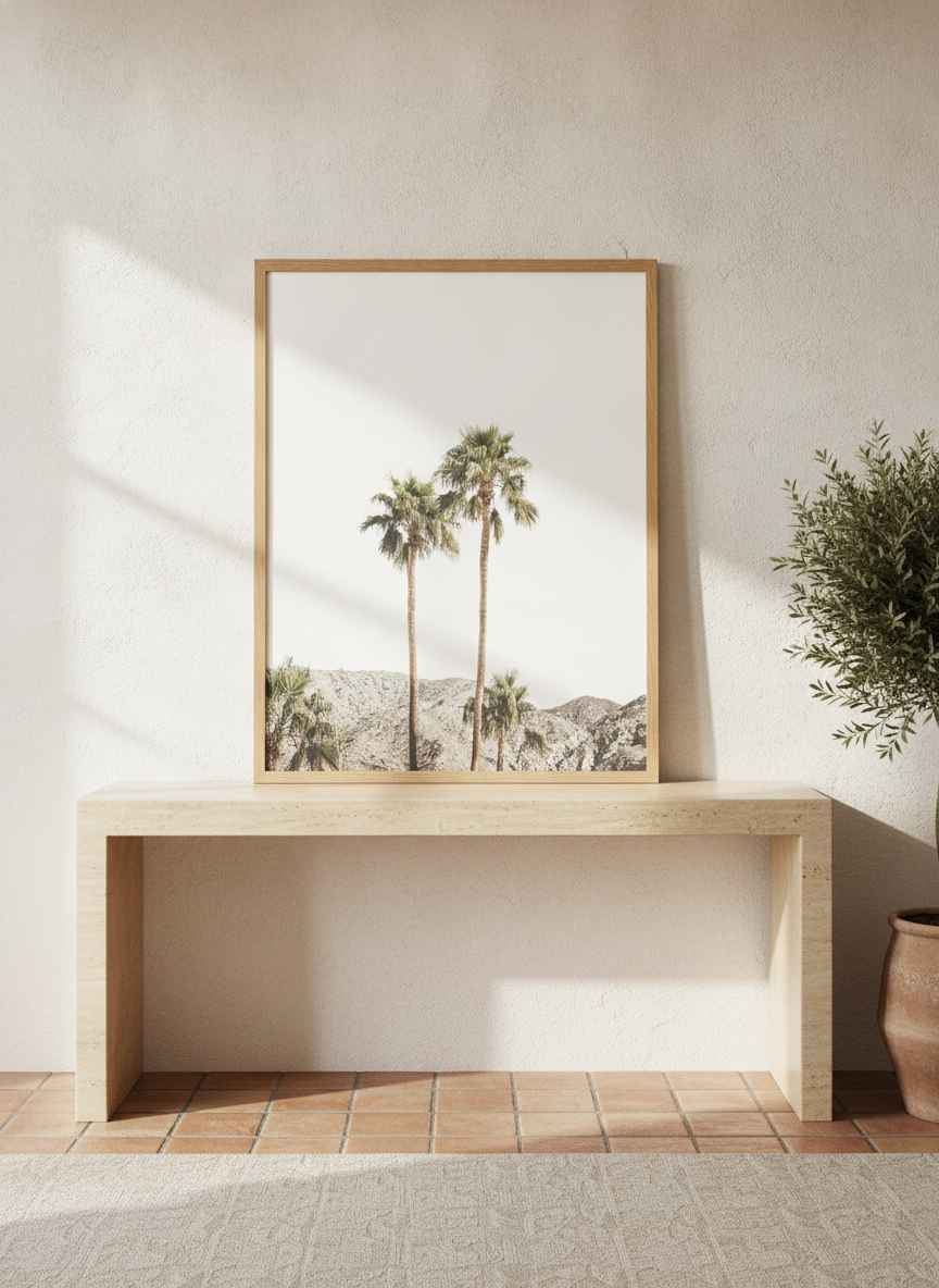 Modern wall art print standing on a console in a Mediterranean home office