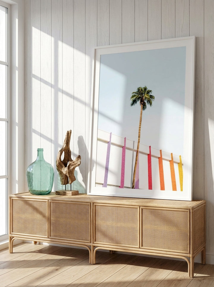 Modern wall art print standing on a sideboard in a coastal living room