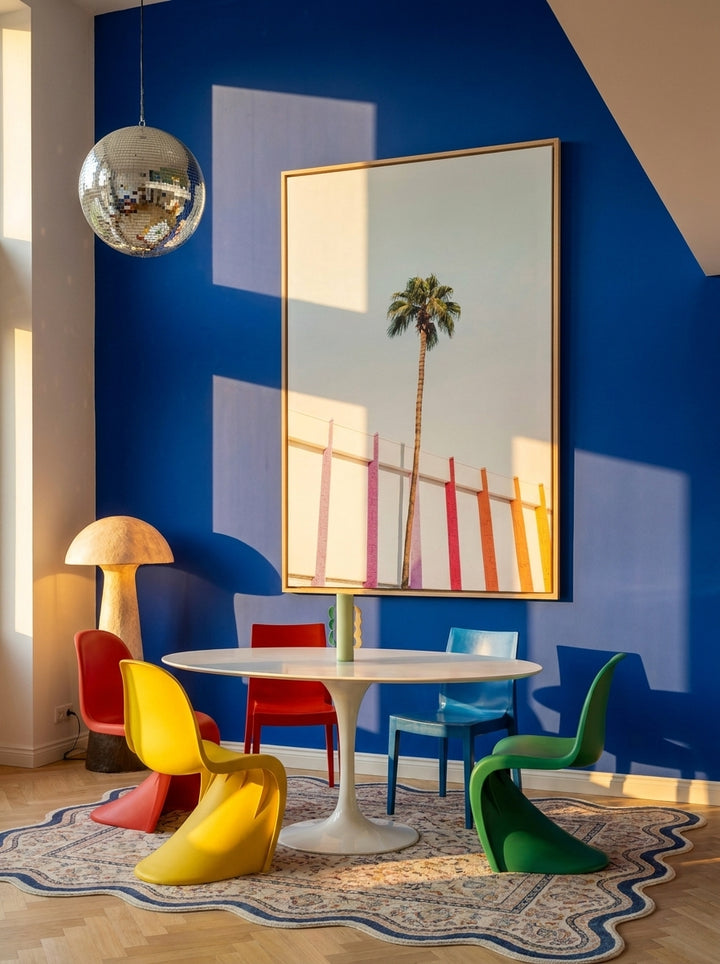 Oversized statement canvas wall art with a natural timber surround styled on the wall in a colourful eclectic dining room