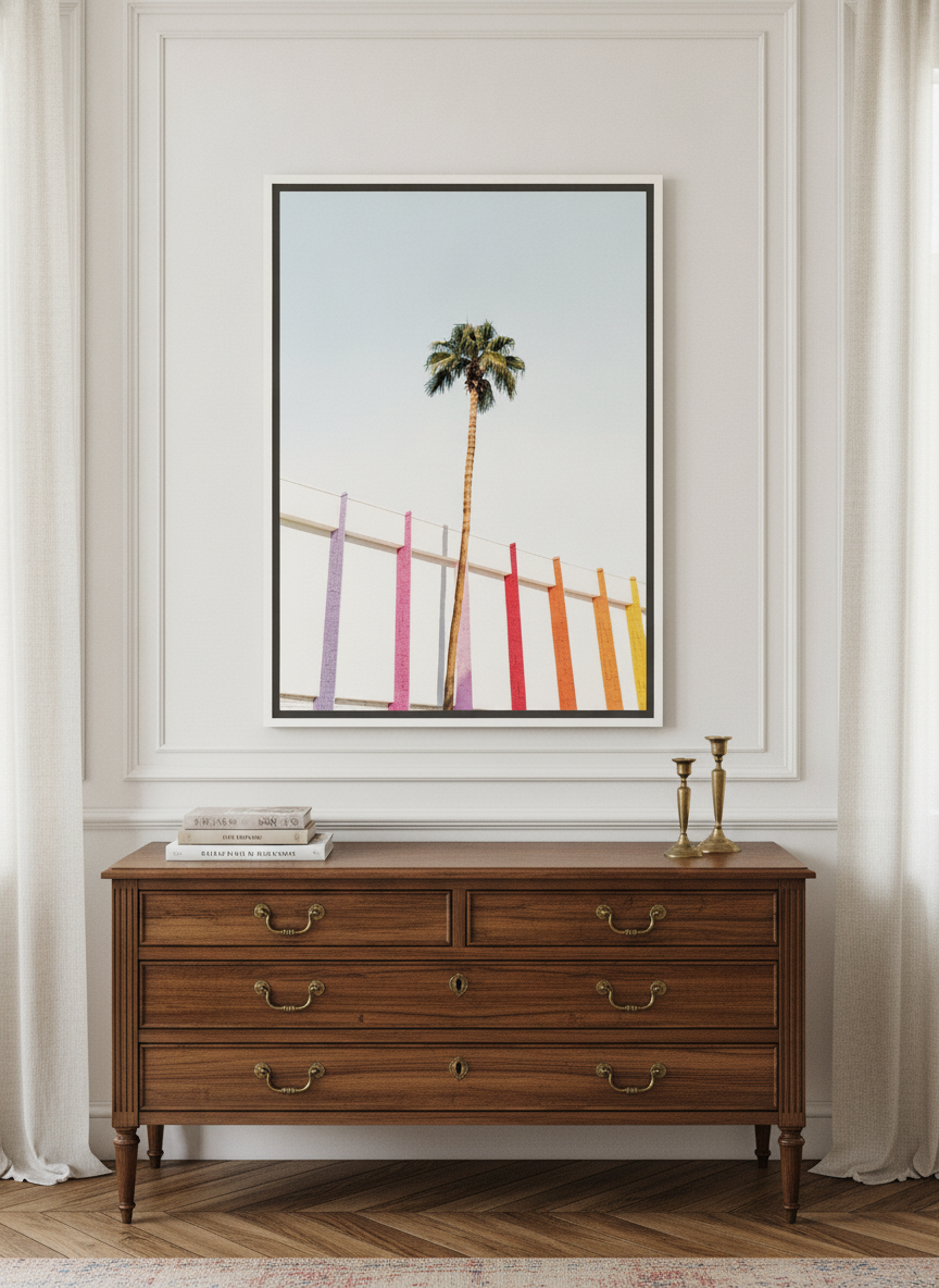 Canvas wall art with a white surround standing on a sideboard in a Parisian home office