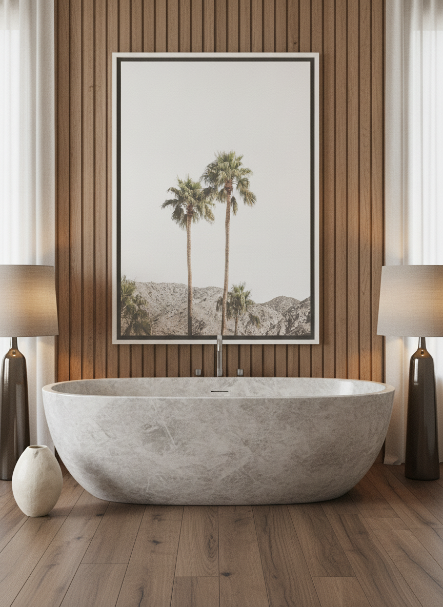 Canvas wall art with a white surround styled on the wall in a luxe bathroom