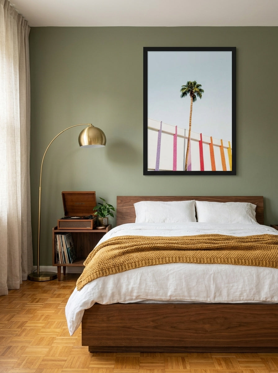Modern wall art print styled on the wall in a mid-century bedroom