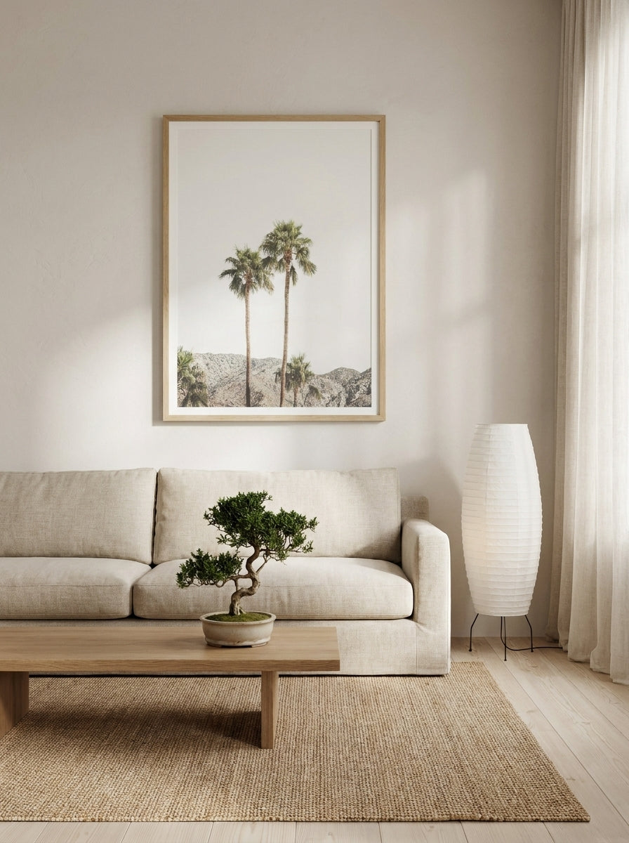 Modern wall art print styled on the wall in a warm Japandi living room