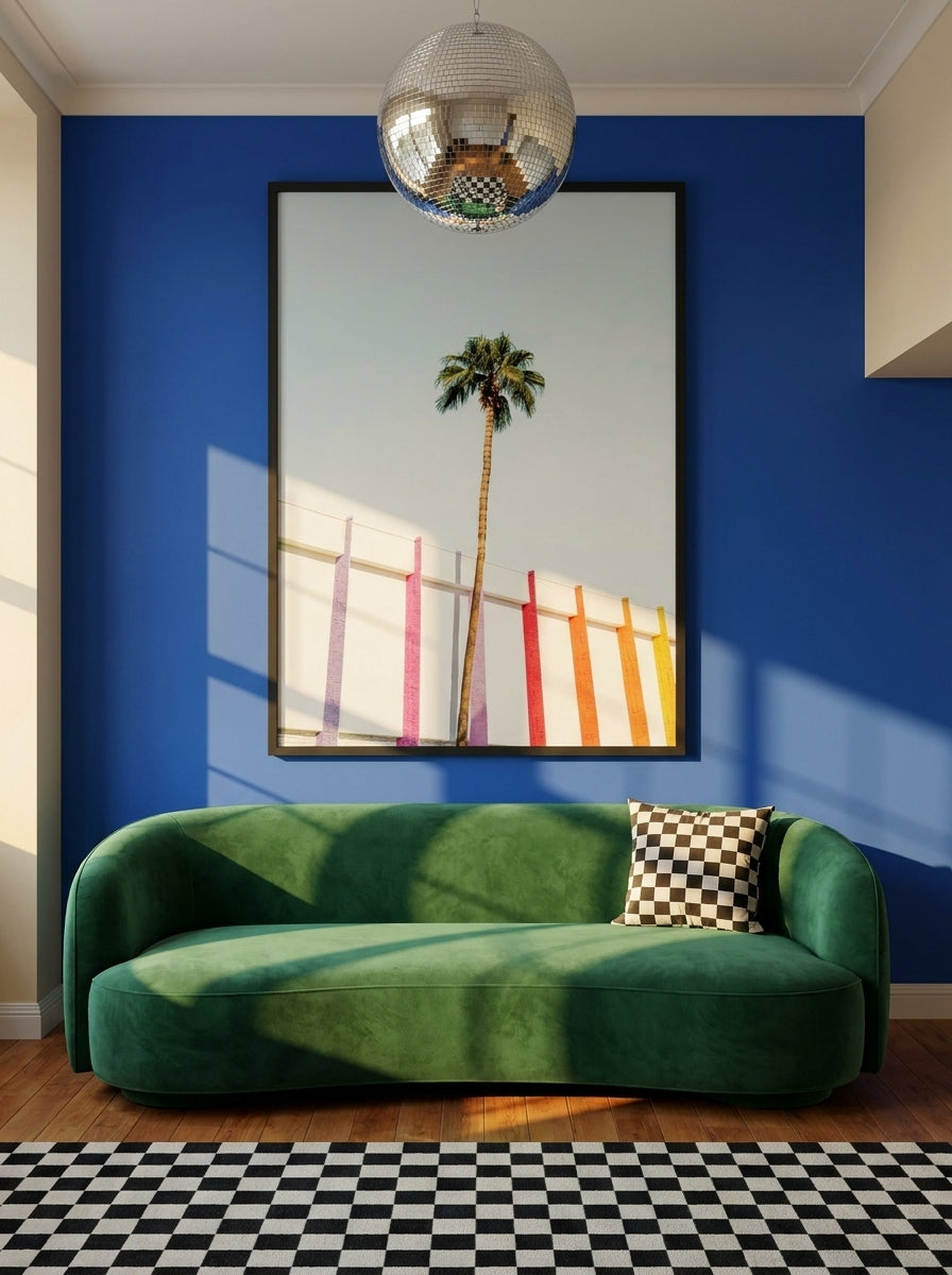 Oversized statement modern wall art print styled on the wall in a colourful eclectic living room