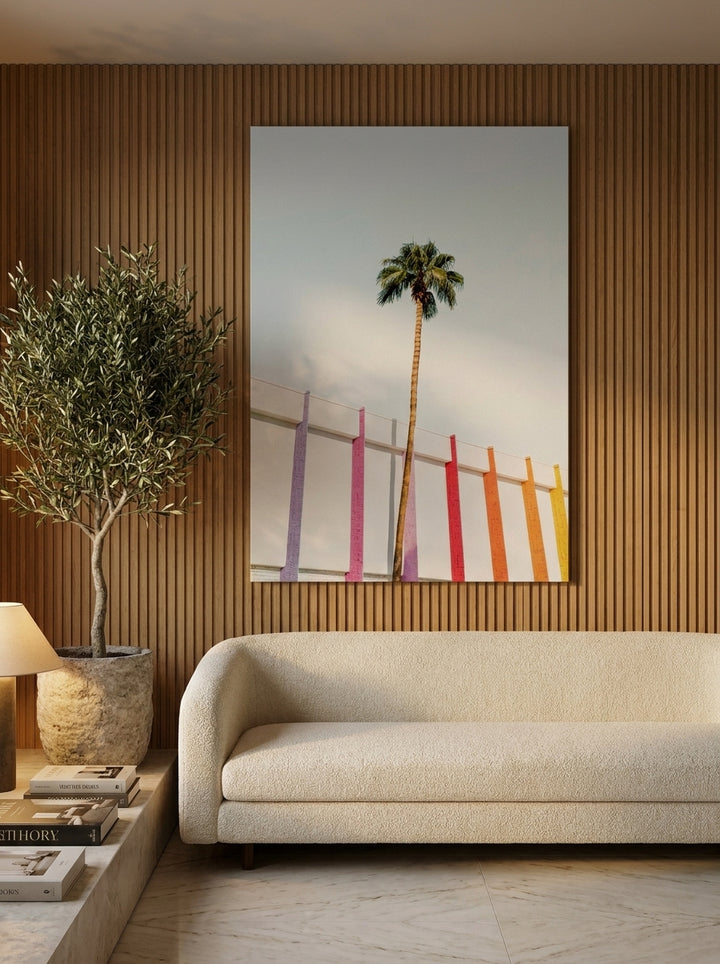 Stretched canvas wall art styled on the wall in a luxe living room