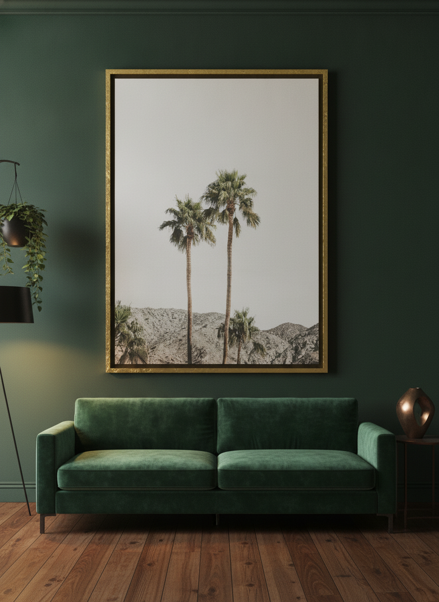 Oversized statement canvas wall art with a gold leaf surround styled on the wall in a moody living room