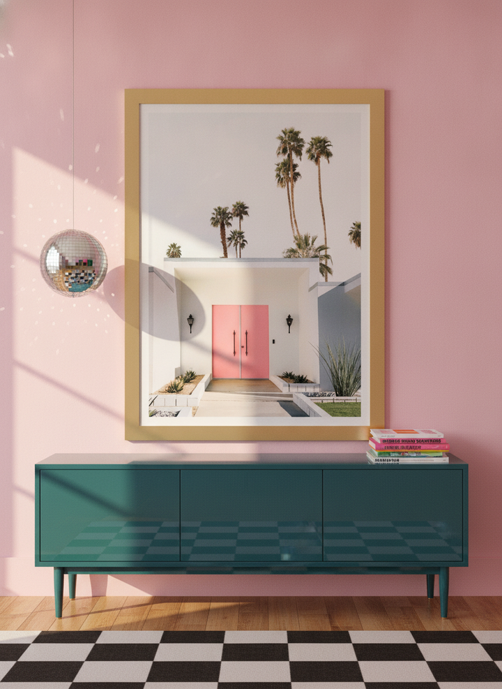 Modern wall art print styled on the wall in a colourful eclectic living room
