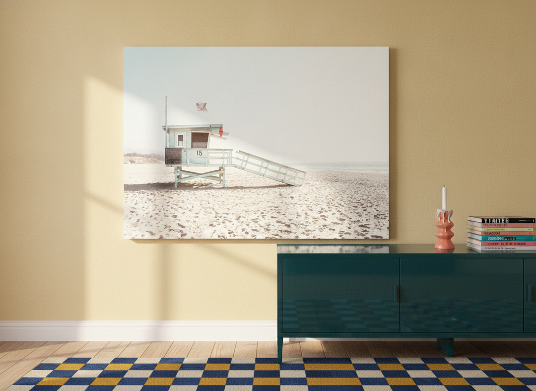 Stretched canvas wall art standing on a sideboard in a colourful eclectic living room