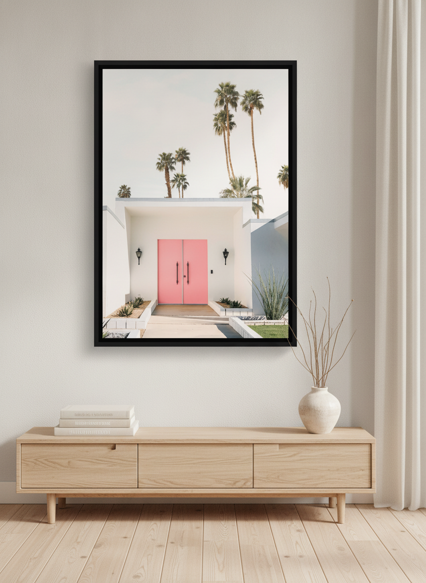 Canvas wall art with a black surround styled on the wall in a warm Japandi living room