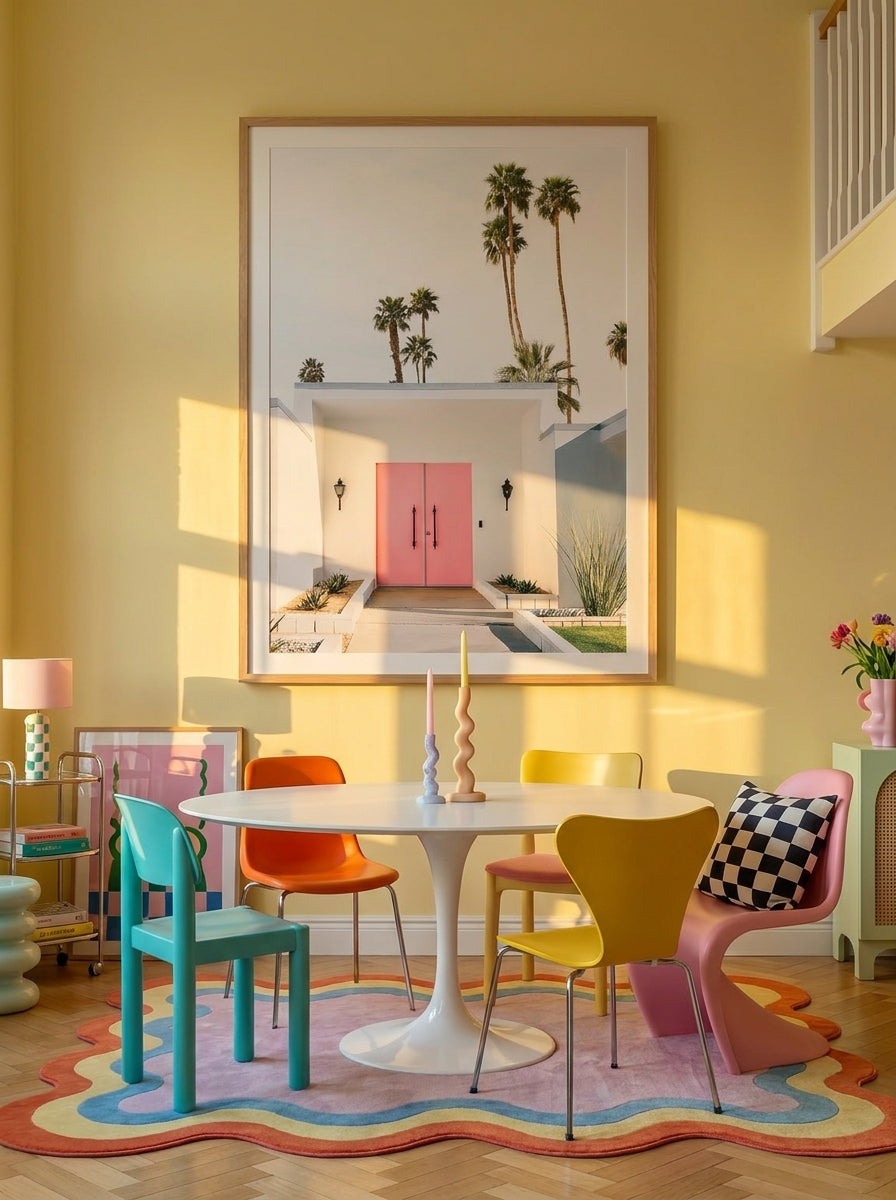 Oversized statement modern wall art print styled on the wall in a colourful eclectic dining room
