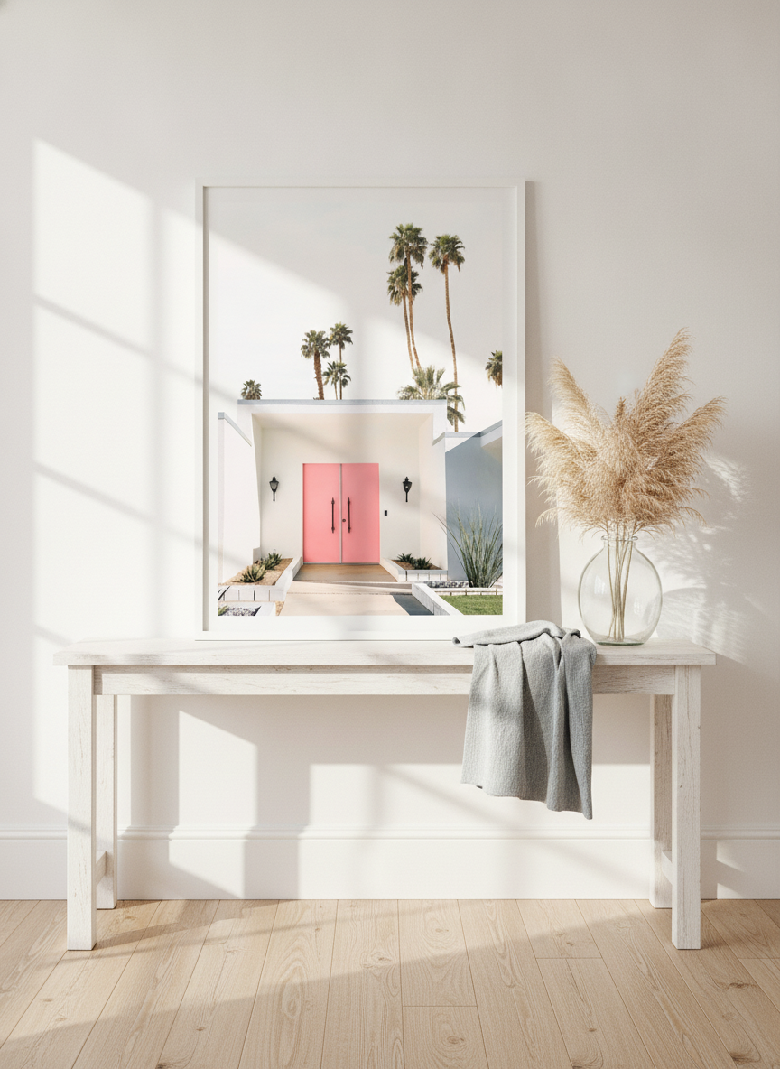 Modern wall art print standing on a console in a coastal home office