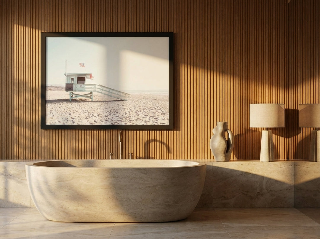 Modern wall art print styled on the wall in a luxe bathroom
