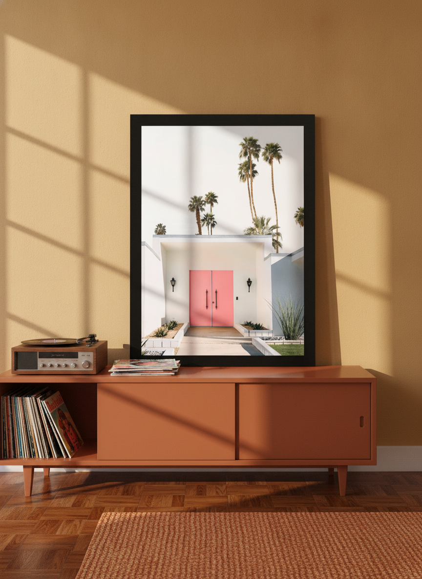 Modern wall art print standing on a sideboard in a retro 70s living room