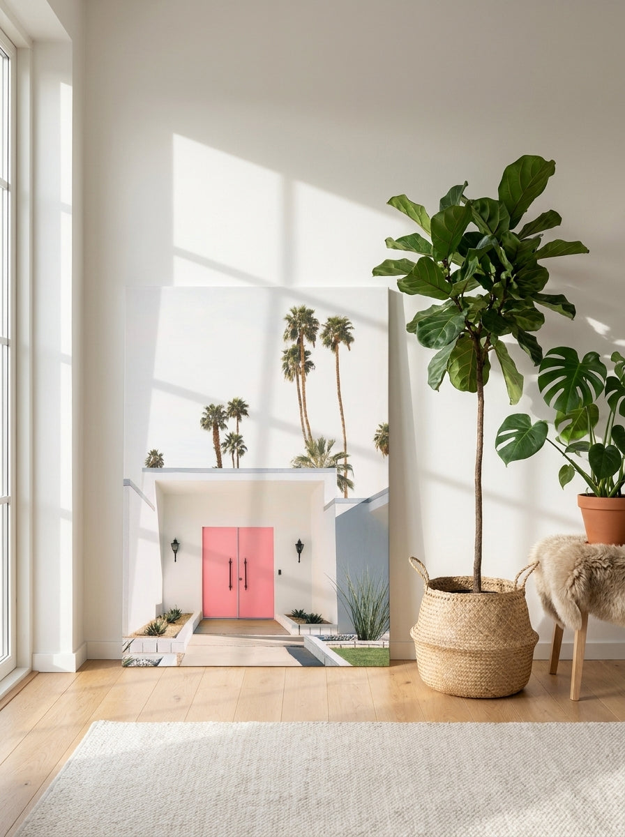 Stretched canvas wall art leaning against the wall in a bright Scandinavian home office
