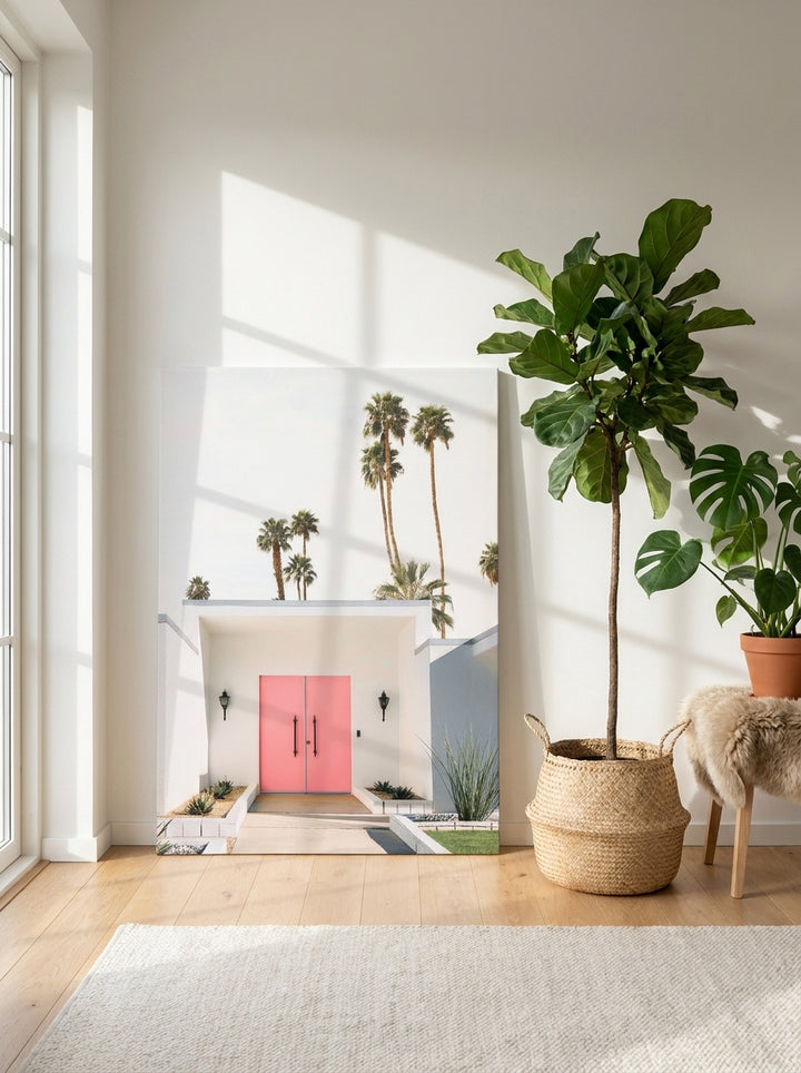 Stretched canvas wall art leaning against the wall in a bright Scandinavian home office