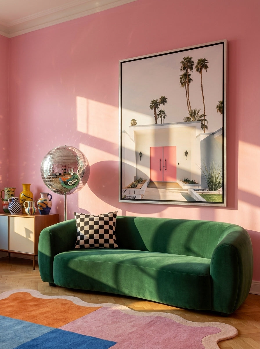 Oversized statement canvas wall art with a silver leaf surround styled on the wall in a colourful eclectic living room