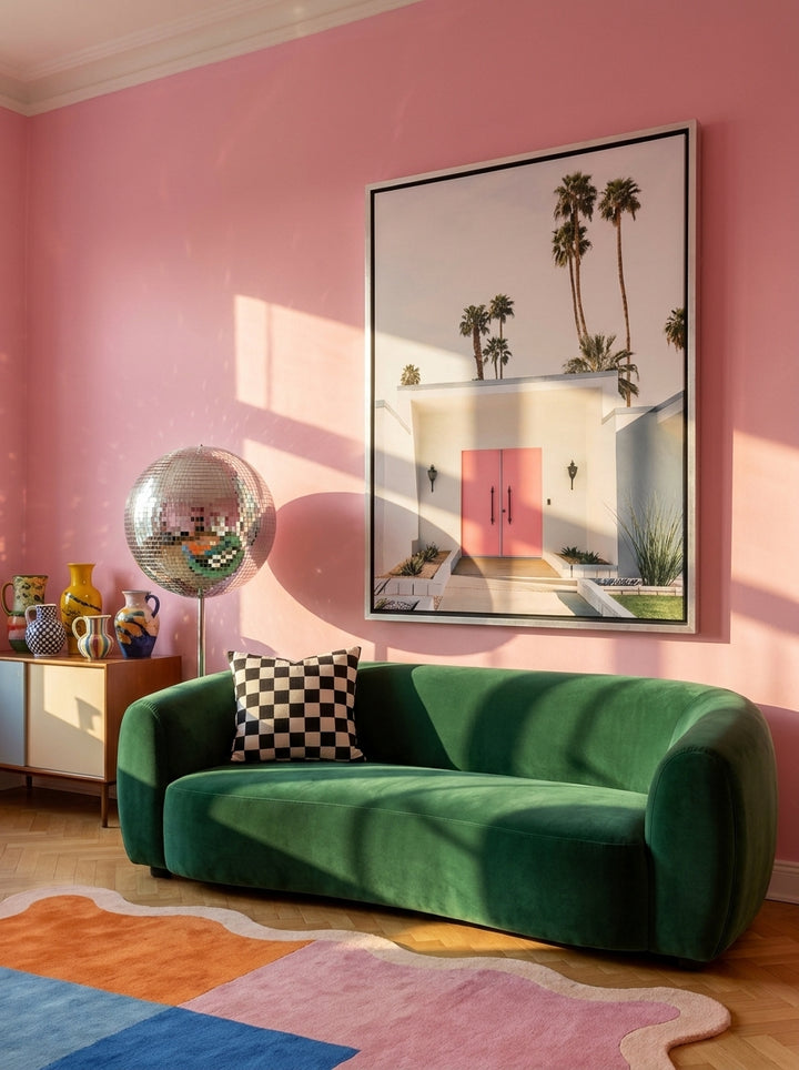Oversized statement canvas wall art with a silver leaf surround styled on the wall in a colourful eclectic living room