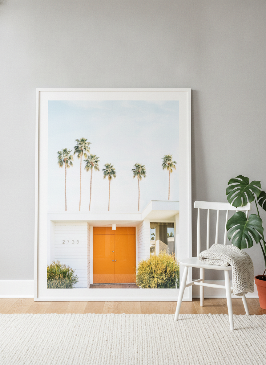 Oversized statement modern wall art print leaning against the wall in a bright Scandinavian living room