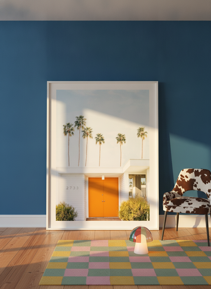 Oversized statement modern wall art print leaning against the wall in a colourful eclectic living room