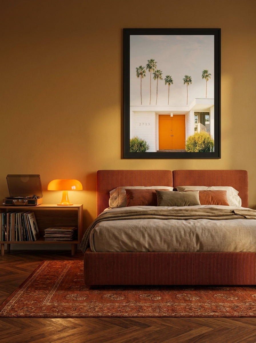 Modern wall art print styled on the wall in a retro 70s bedroom