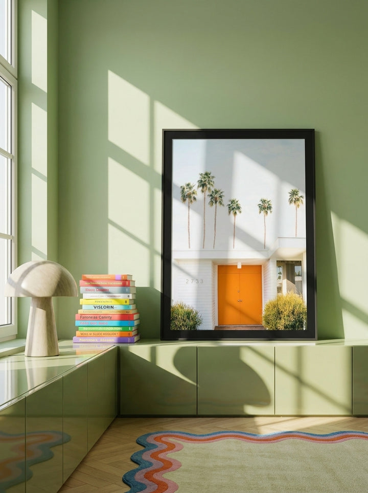 Modern wall art print standing on a sideboard in a colourful eclectic home office