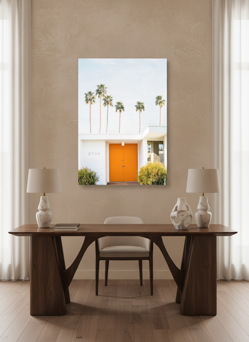 Stretched canvas wall art styled on the wall in a luxe home office