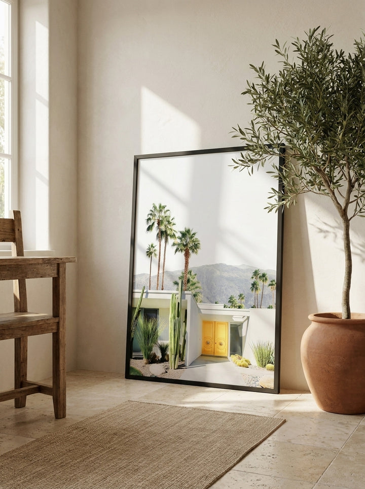Modern wall art print leaning against the wall in a Mediterranean bedroom