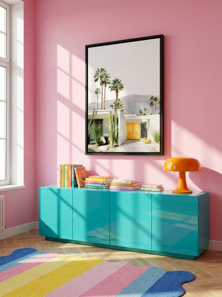 Canvas wall art with a black surround styled on the wall in a colourful eclectic living room