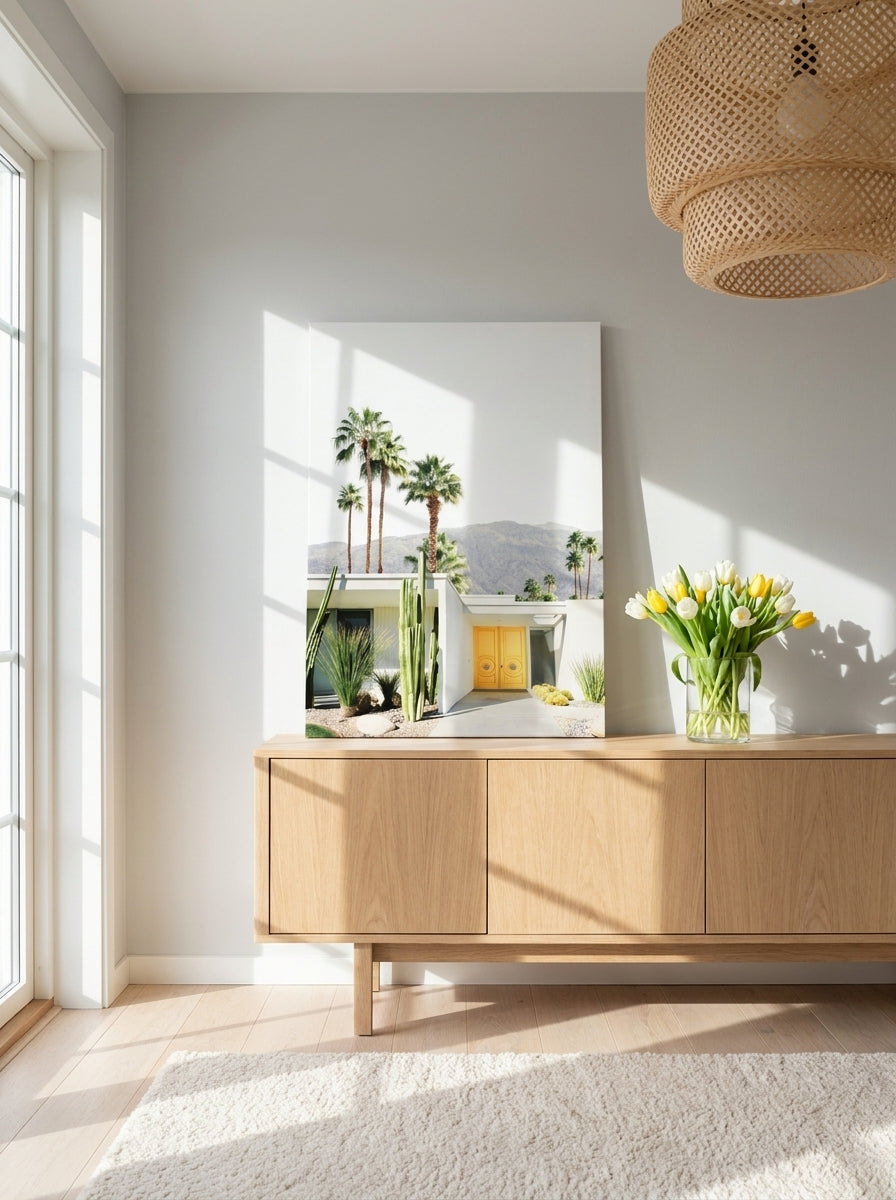 Stretched canvas wall art standing on a sideboard in a bright Scandinavian home office