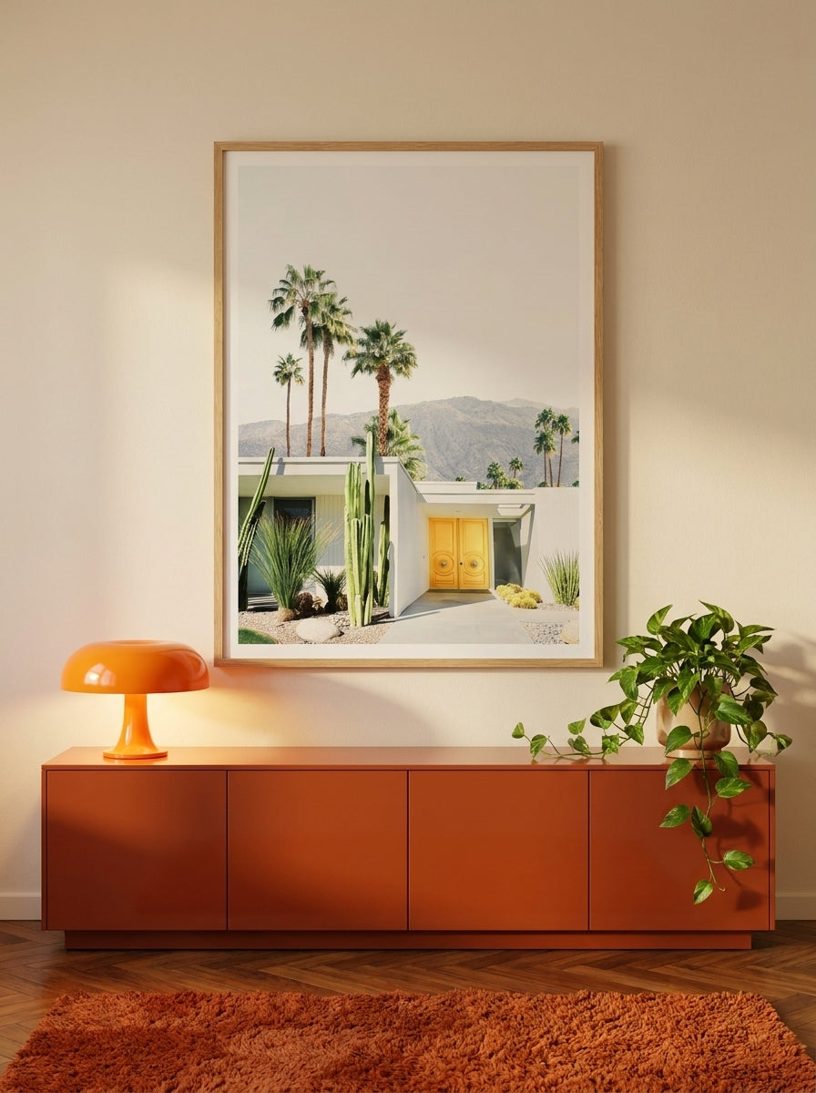Modern wall art print styled on the wall in a retro 70s living room