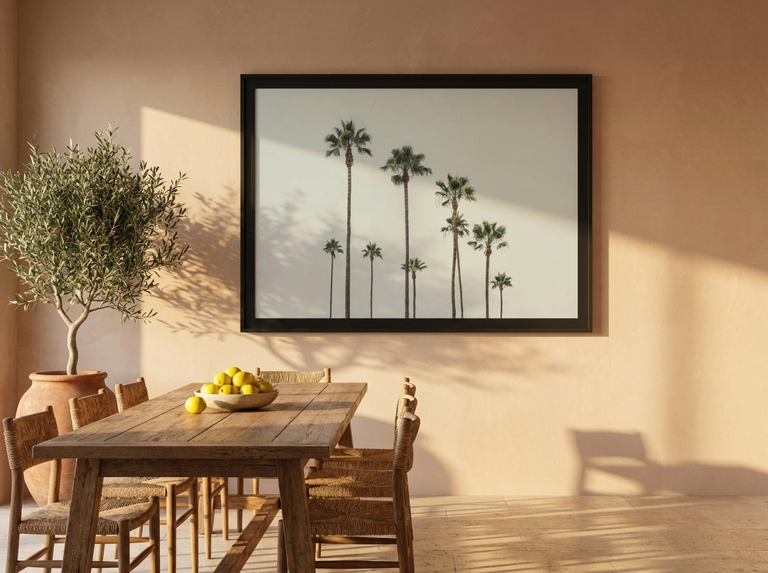 Oversized statement modern wall art print styled on the wall in a Mediterranean dining room