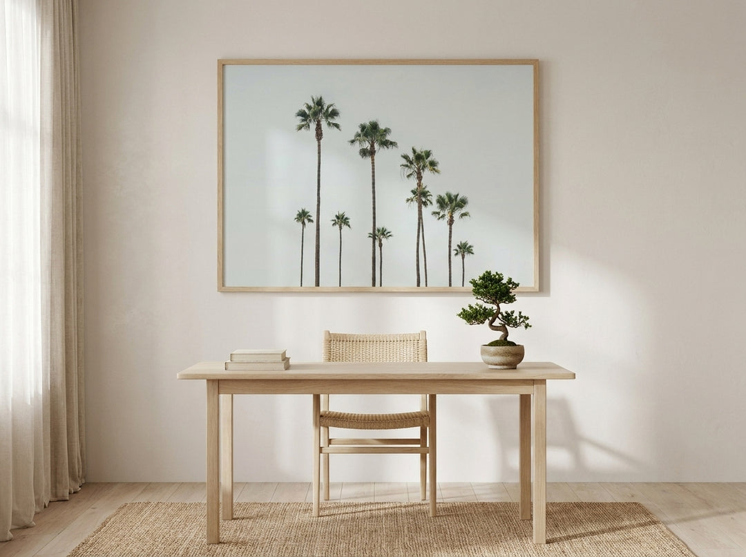Modern wall art print styled on the wall in a warm Japandi home office