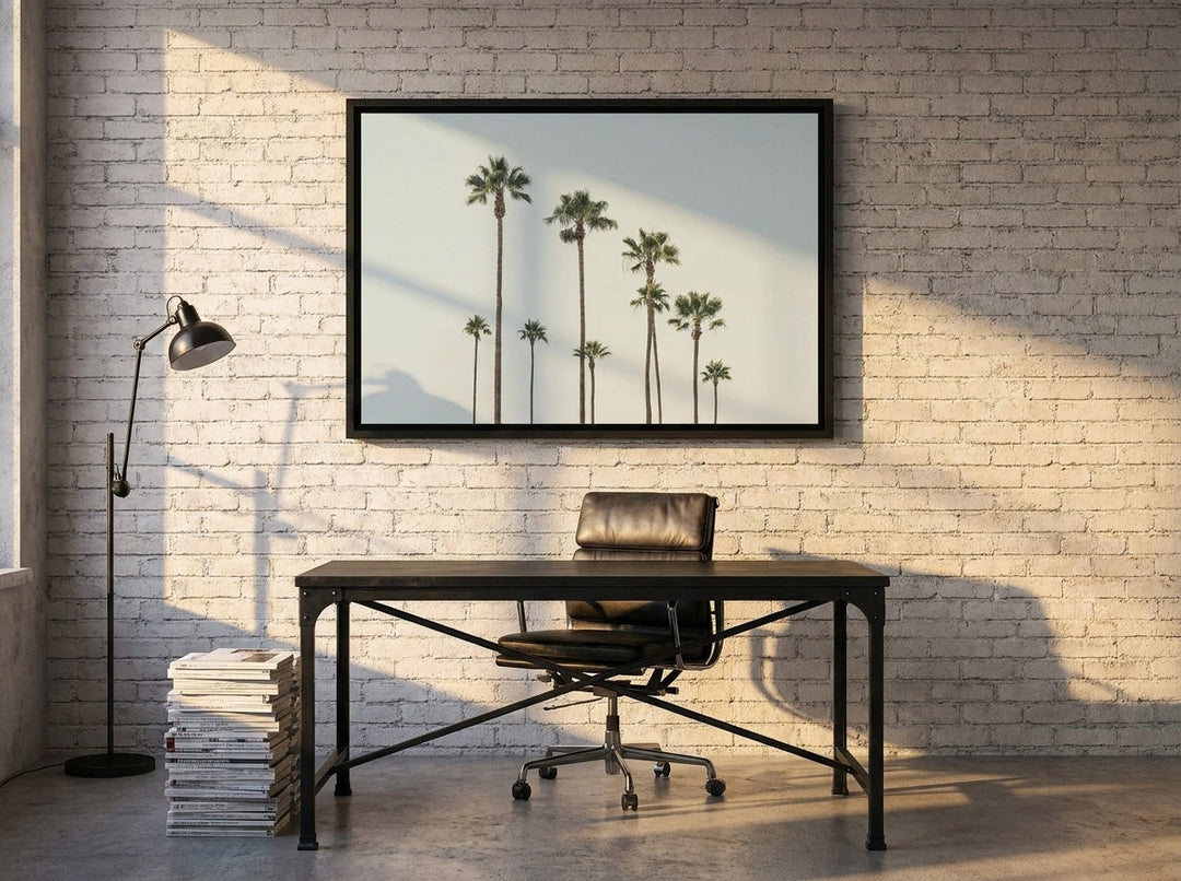 Canvas wall art with a black surround styled on the wall in an industrial loft home office