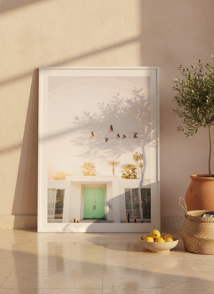 Modern wall art print leaning against the wall in a Mediterranean living room