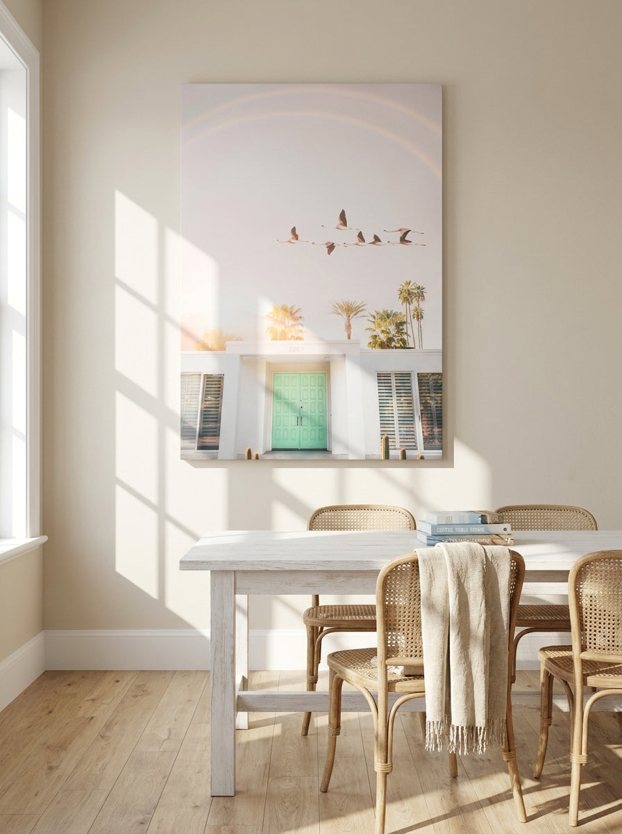 Stretched canvas wall art styled on the wall in a coastal dining room