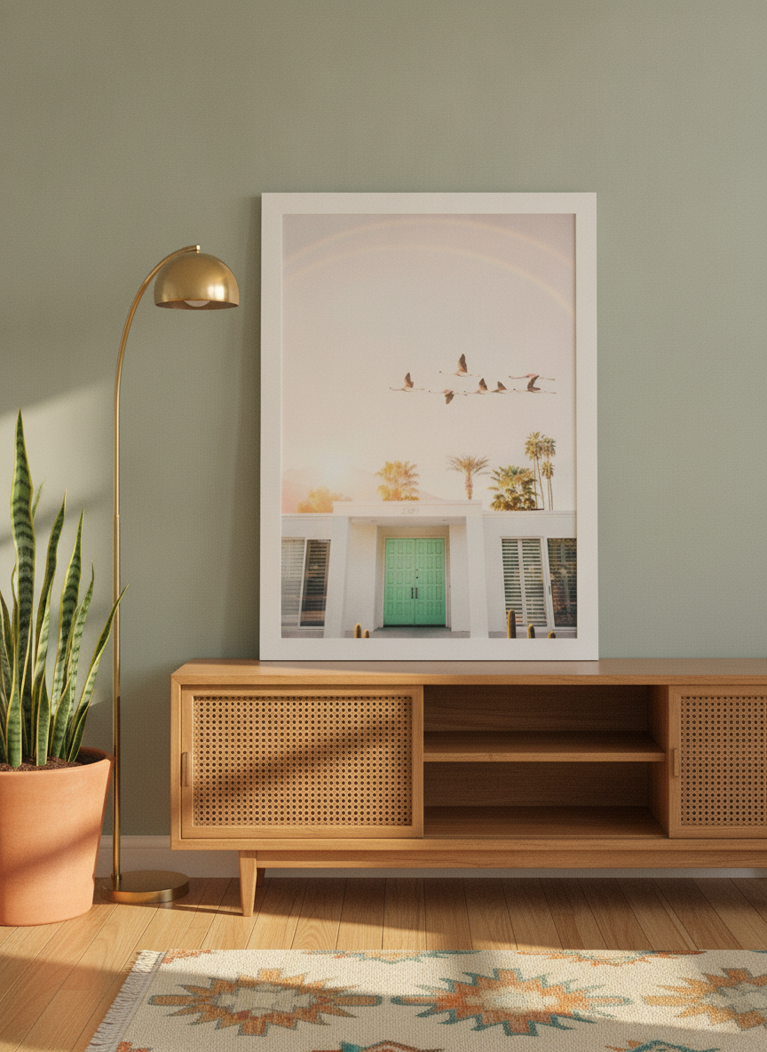 Modern wall art print standing on a sideboard in a mid-century bedroom