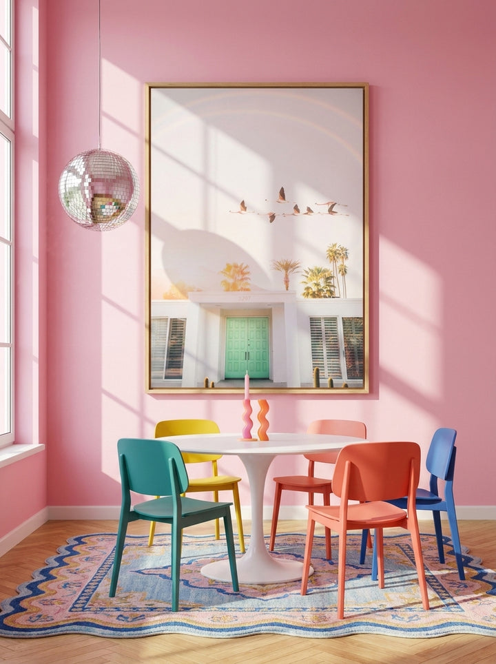 Oversized statement modern wall art print styled on the wall in a colourful eclectic dining room