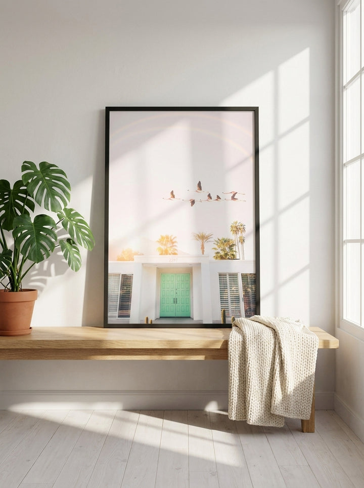 Modern wall art print standing on a bench in a bright Scandinavian home office