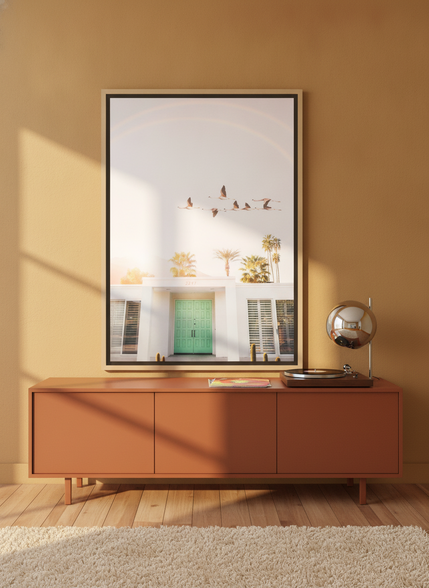 Canvas wall art with a natural timber surround standing on a sideboard in a retro 70s bedroom