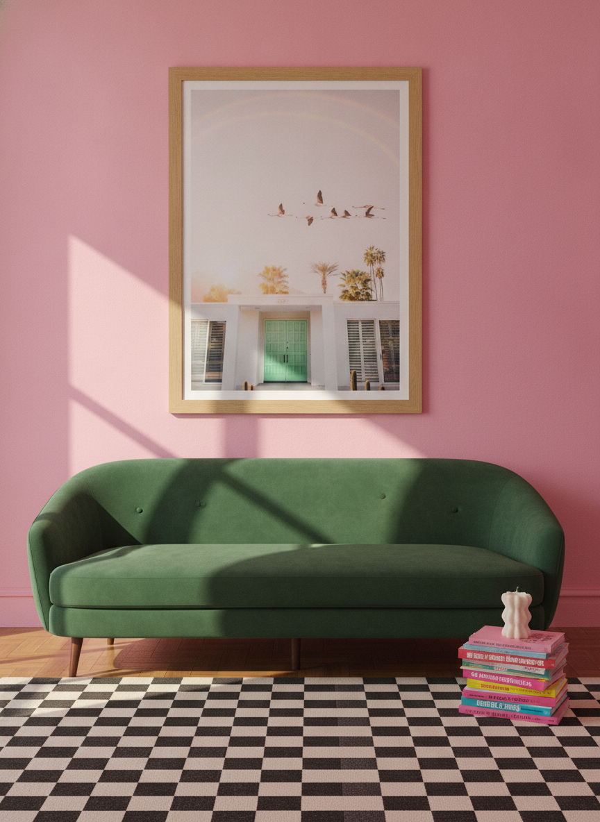 Modern wall art print styled on the wall in a colourful eclectic living room