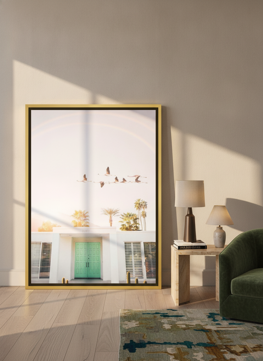 Oversized statement canvas wall art with a gold leaf surround leaning against the wall in a luxe living room