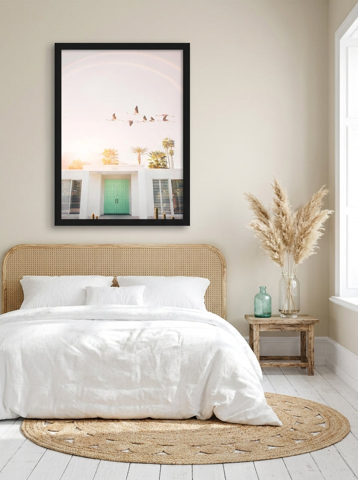 Oversized statement modern wall art print styled on the wall in a coastal bedroom