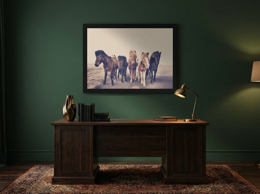 Modern wall art print styled on the wall in a moody home office