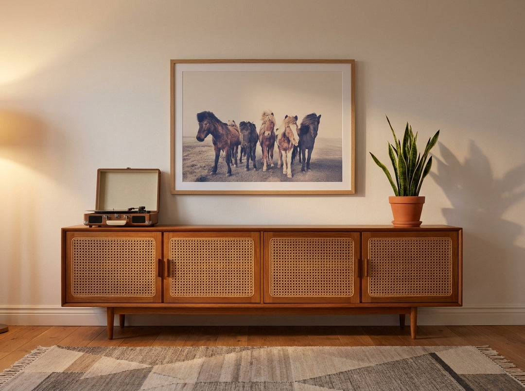 Modern wall art print styled on the wall in a mid-century living room