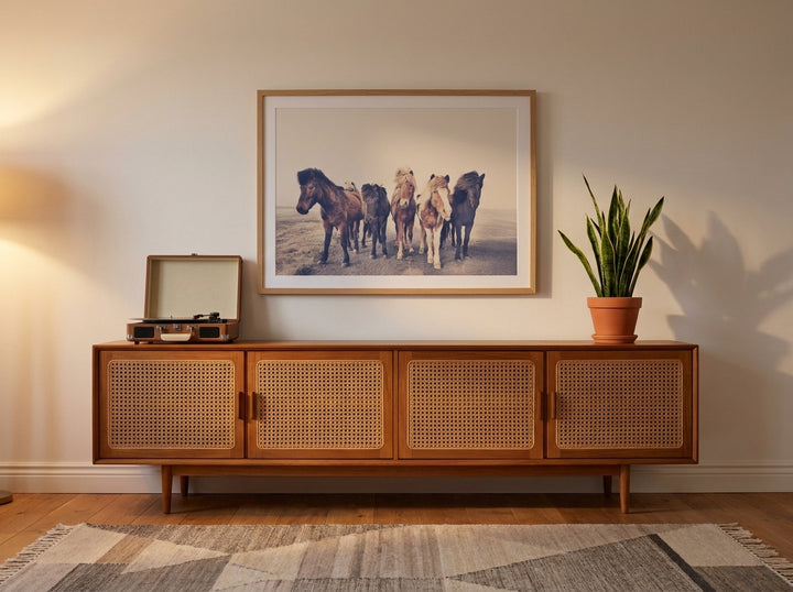 Modern wall art print styled on the wall in a mid-century living room