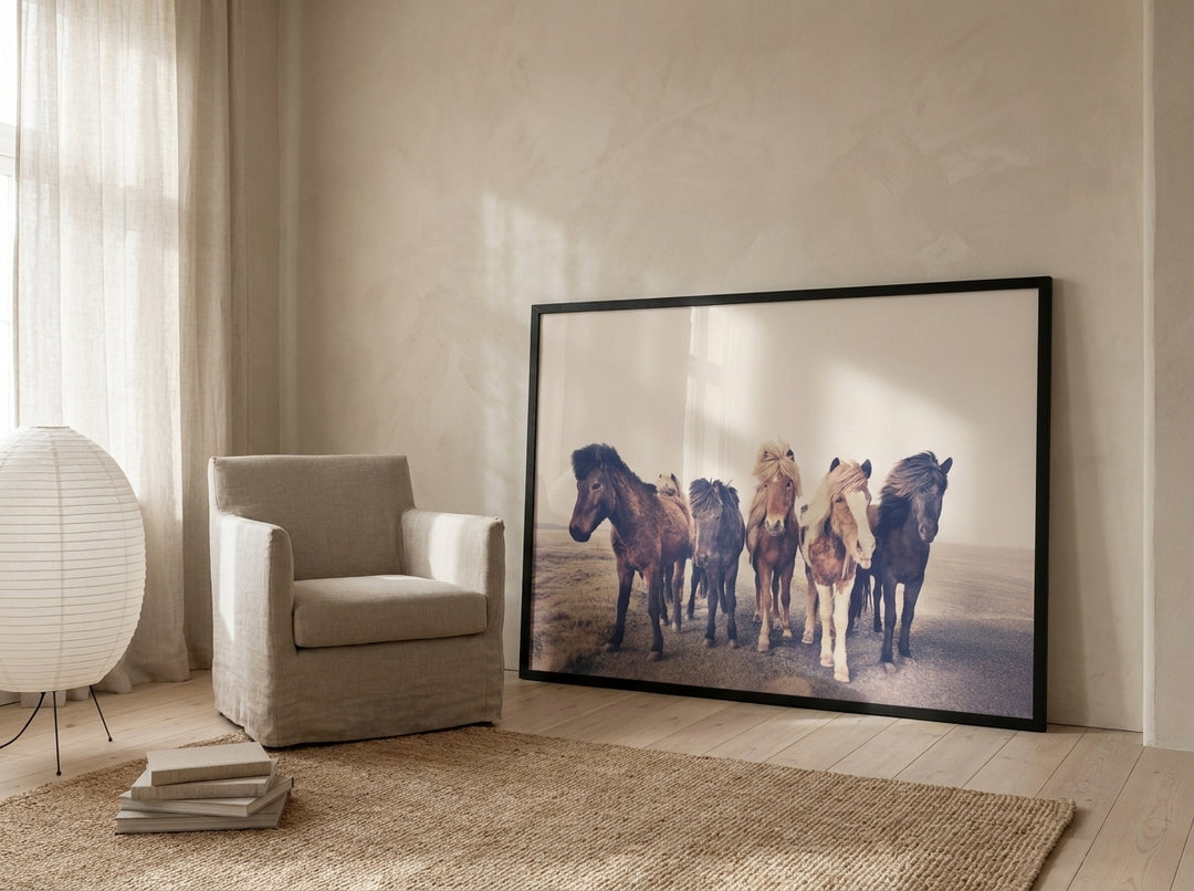 Oversized statement modern wall art print leaning against the wall in a warm Japandi home office