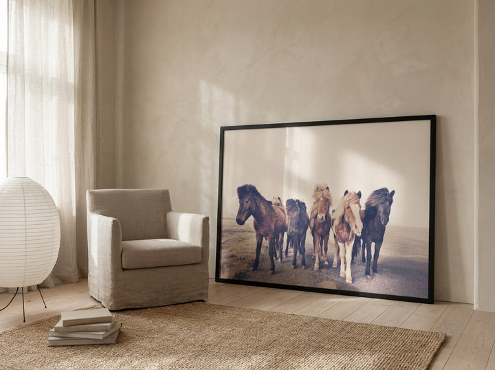 Oversized statement modern wall art print leaning against the wall in a warm Japandi home office