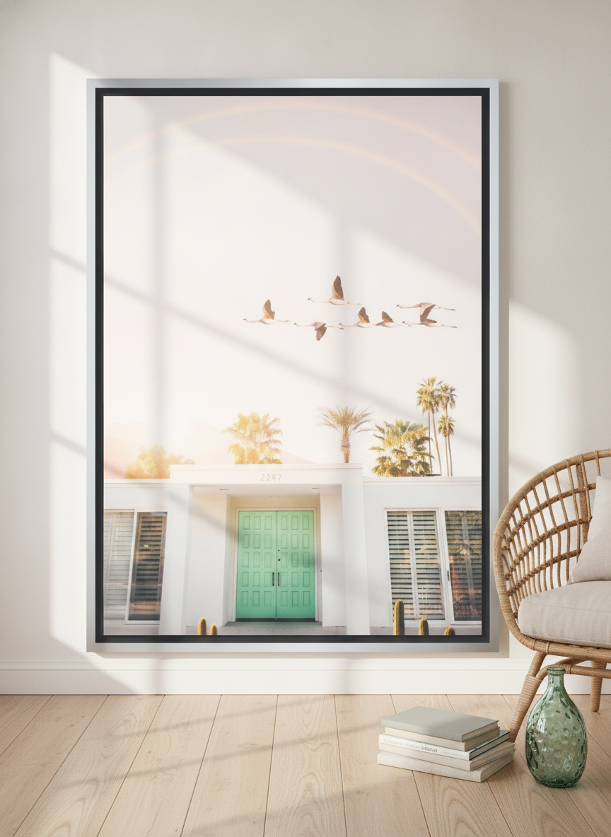 Canvas wall art with a silver leaf surround leaning against the wall in a coastal bedroom